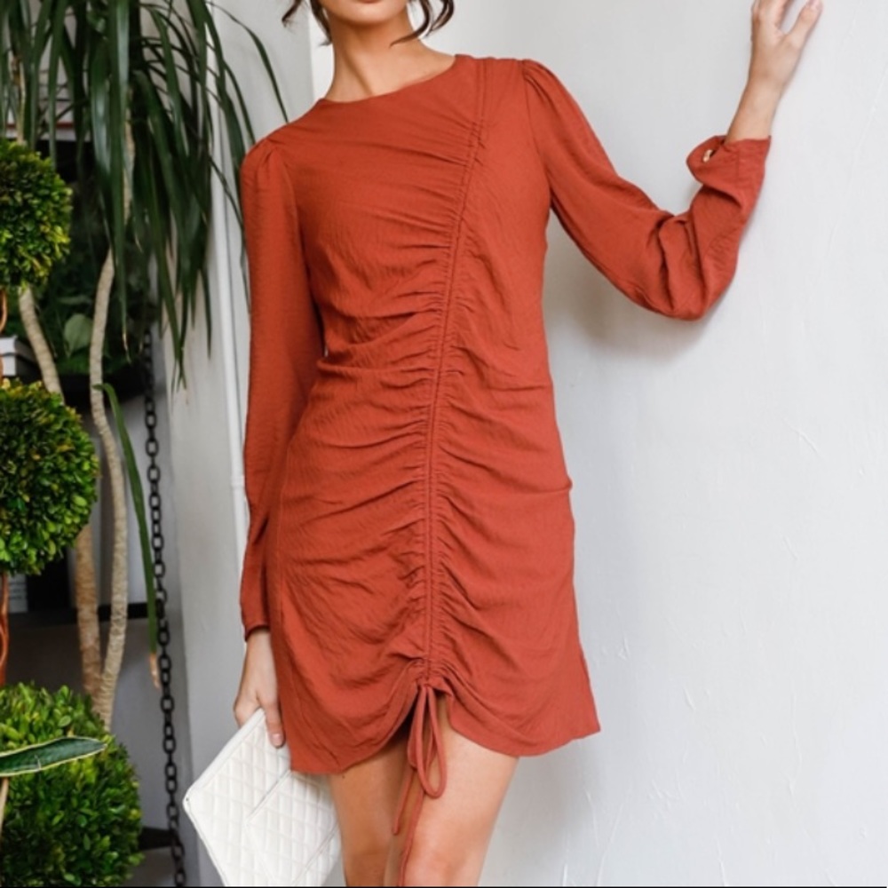 Terracotta asymmetric front lace tie mini dress